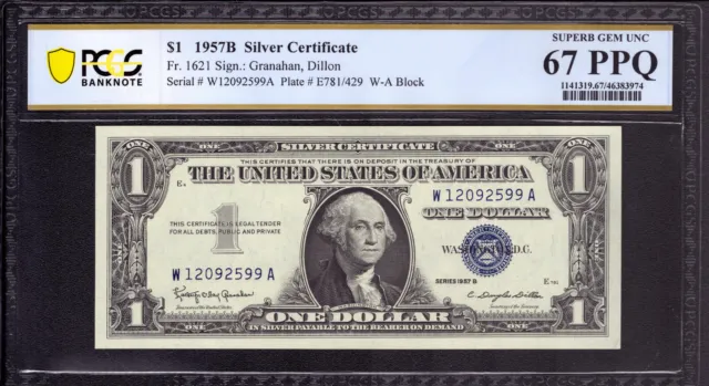1957 B  $1 Silver Certificate Note Currency Fr.1621 Pcgs Superb Gem Unc 67 Epq