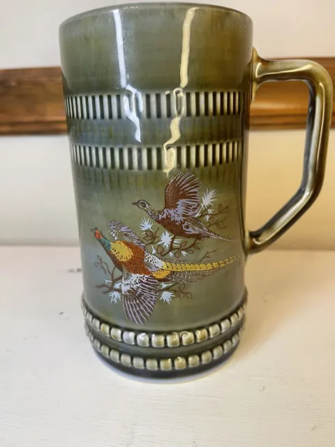 VINTAGE WADE  IRISH PORCELAIN BEER  STEIN TANKARD— Blue/Green w/ Pheasants