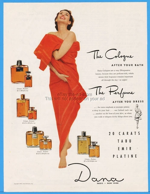 1953 Dana Tabu 20 Carats Emir Platine Perfume Cologne Woman In Towel Print Ad