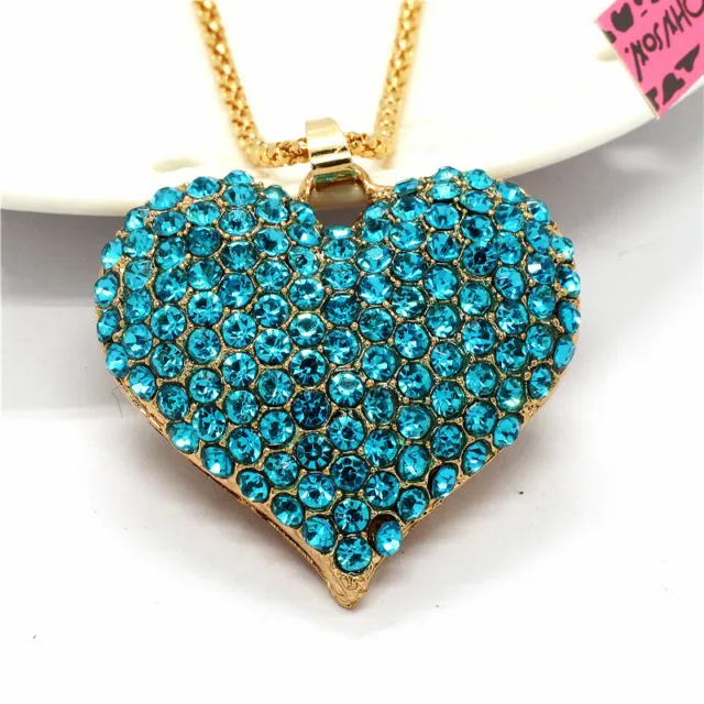 New Fashion Women Rhinestone Blue Shiny Heart Crystal Pendant Chain Necklace