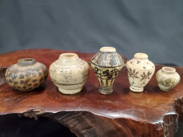 Antique LOT OF 5 THAI SAWANKHALOK GLAZED POTTERY COVERED MINI JAR BOTTLE 15TH