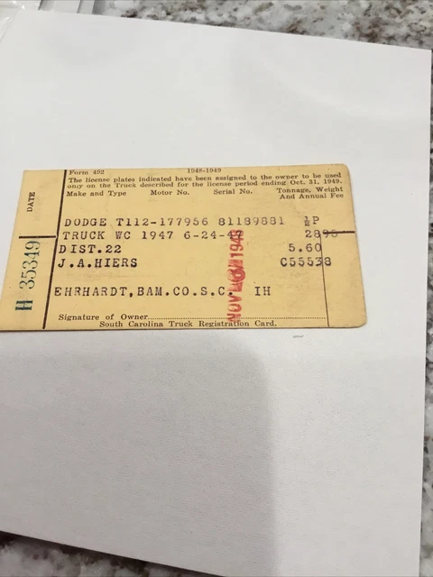 VINTAGE 1947 SOUTH Carolina Motor Vehicle Registration Card Dodge Truck