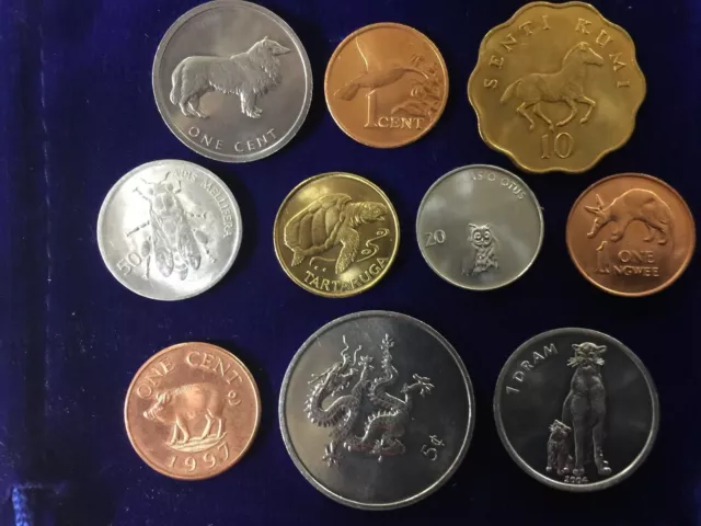 10 Different Uncirculated Animal Coins from 9 Different Countries and Gift Bag!