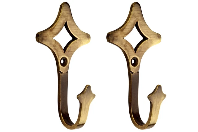 Antique Brass Multipurpose Wall Wooden Mounted Hook Hanger Diamond Shape 2 Pcs