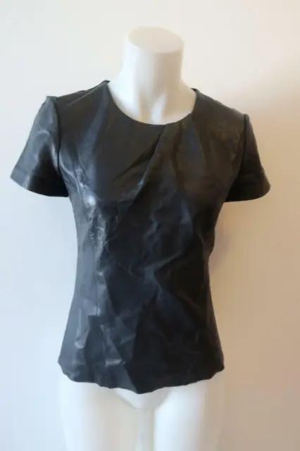 Womens Maje Black Mixed Media Short Sleeve Leather Back Zip Top 2 *