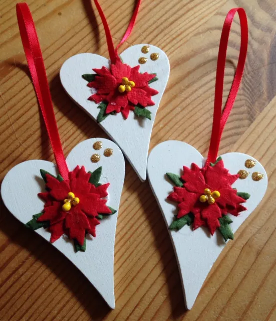 3 x Handmade Christmas Hanging Decorations Poinsettia Flowers Red