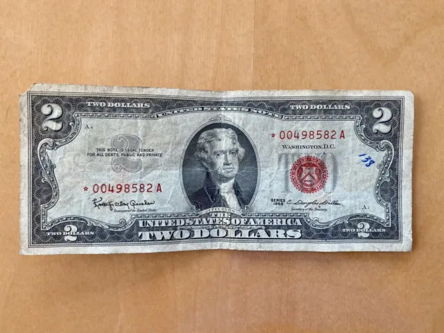 1963 Series Rare $2 Red Seal Federal Reserve Bill