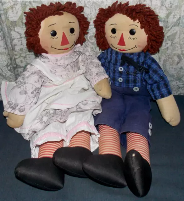 Sweet Vintage Homemade Raggedy Ann and Andy Dolls! 19" Tall/Embroidered Faces