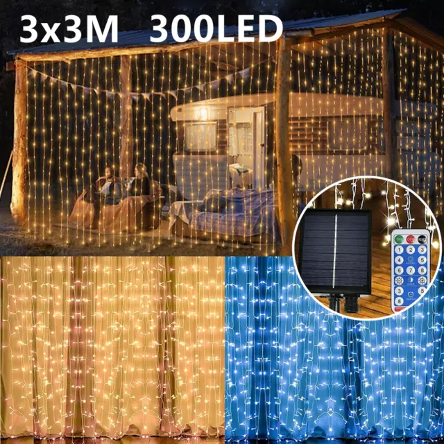 3x3m 300LED Solar Curtain Fairy String Lights Hanging Patio Window Garden Decor