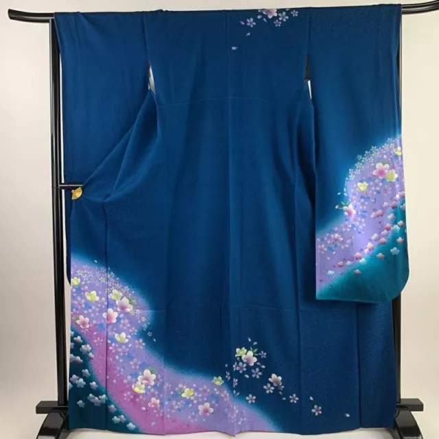 66.1inc Japanese Kimono SILK FURISODE Haze Blur Indigo