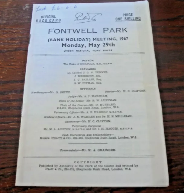 Fontwell Park Race Card, May 29Th, 1967 - Bank Holiday National Hunt Meeting