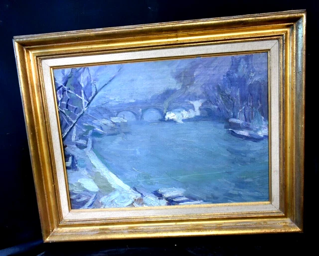 Tableau ancien huile pont sur la rivière péniches école Française Fauvisme XXème