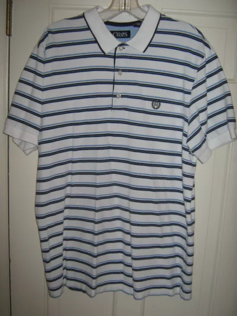 Chaps Men's Size Xl Polo Golf Shirt White With Navy/Blue Stripe  - Free Shipping