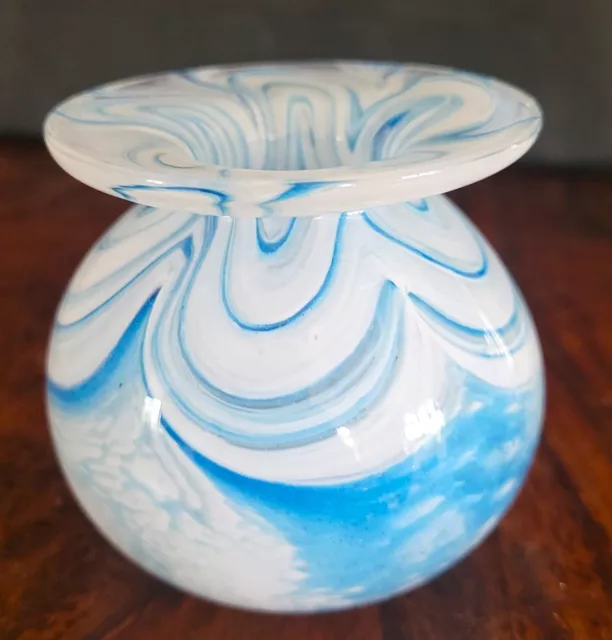 Hand Blown Art Glass Blue & White Swirls Vase