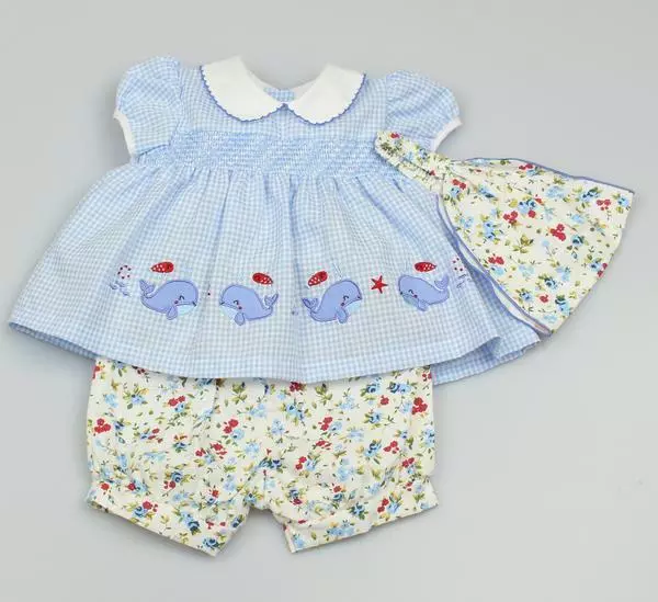 Baby Girls Whales Dress Shorts & Hat 3 Piece Set Gingham Blue Flowers 0 - 9 Mths 3