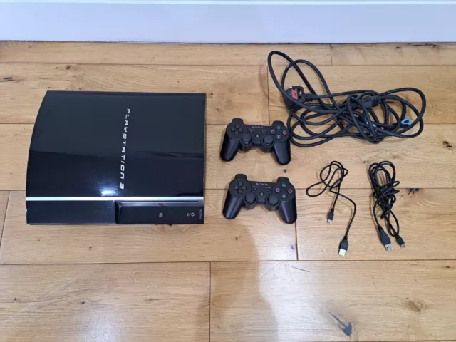 Used Sony PlayStation 3 PS3 Black Console 2 Controllers & All Cables Unboxed