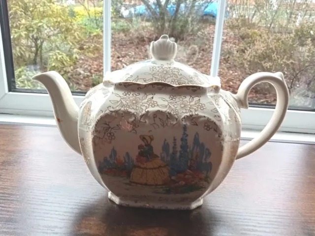 Vintage Sadler Cube Shaped Tea Pot With Gold Gild Chintz And Crinoline Lady...