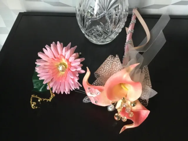 Bridal/Wedding Flower/Girl/Child Peach/Pink Wand Bouquet+ “Groom” Buttonhole