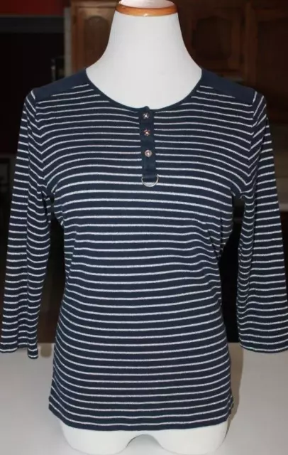 EUC Chaps Knit Top Women L Blue Silver Metallic Striped Nautical 3/4 Sleeve