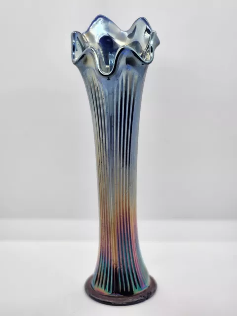Fenton Cobalt Fine Ribbed Swung Vase Blue Iridescent Carnival Glass 10"