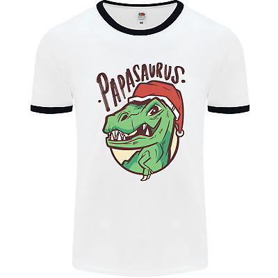 Christmas Papasaurus T-Rex Dinosaur Mens White Ringer T-Shirt
