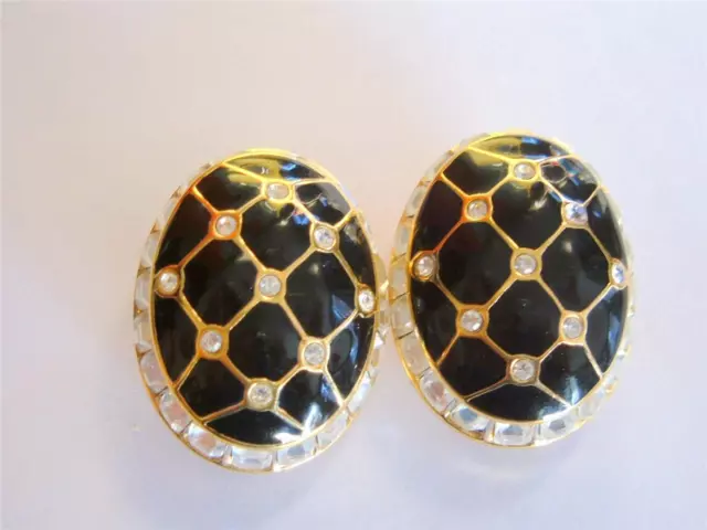 Vintage Swarovski Swan Gold Black Enamel Crystal Earrings Oval Egg Clips Faberge