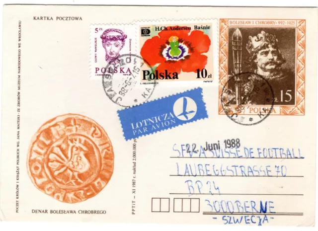 1988 Jun 7th. Air Mail Postal Card. Jaslo to Bern.