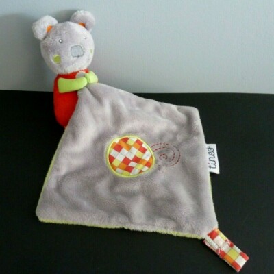 Doudou CP/  DOUDOU MOUCHOIR OURS TINEO GRIS VERT ROUGE TBE 