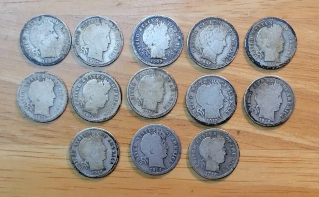 13 Different Circulated Barber Silver Dimes (Dates 1907-1916)