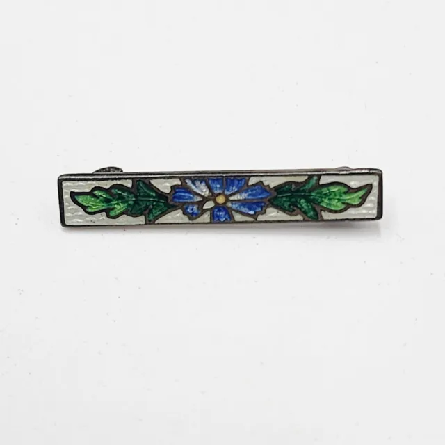 Antique Sterling Silver Genuine Cloisonné Guilloche Enamel Blue Flower Bar Pin