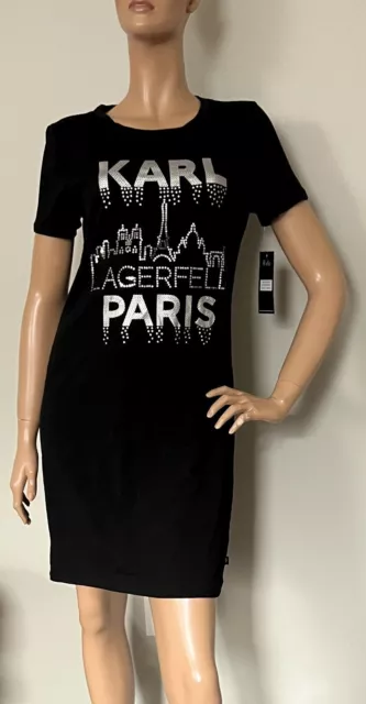 KARL LAGERFELD PARIS Women Black Silver Karl Paris Logo T-Shirt Dress Size S NWT