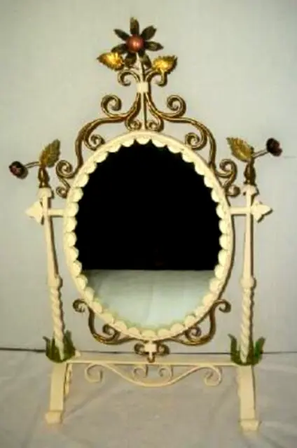 Italian Tole Standing Vanity Mirror Swivel Flowers Leaves Hollywood Regency Rare