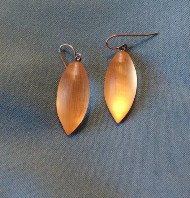 Vintage Alexis Bittar Apricot Glowing Hand Carved Lucite Hook Dangle Earrings