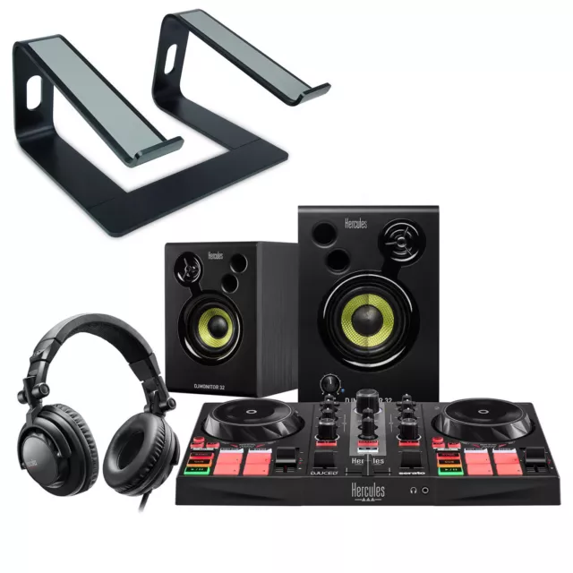 Hercules DJLearning Kit DJ Komplett-Set MKII  + keepdrum Laptopständer Schwarz