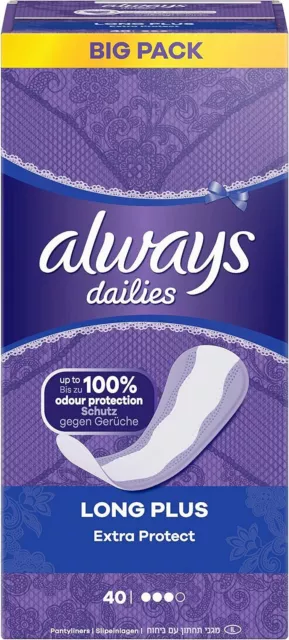 Always Dailies Womens Extra Protect Long Plus (40 Pads) Big Pack Breathable Flex