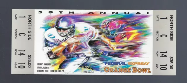 NEBRASKA vs FLORIDA STATE VINTAGE 1992-93 NCAA ORANGE BOWL FULL FOOTBALL TICKET