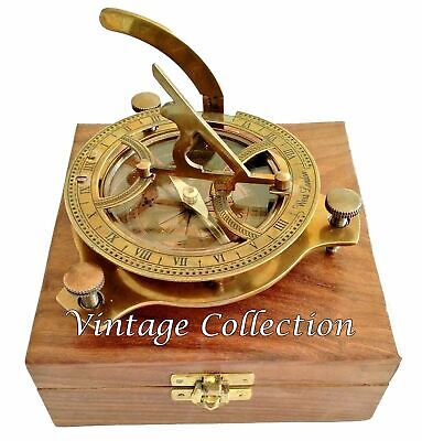 Antique Maritime Brass Sundial Compass Nautical Marine Compass in Wooden Box