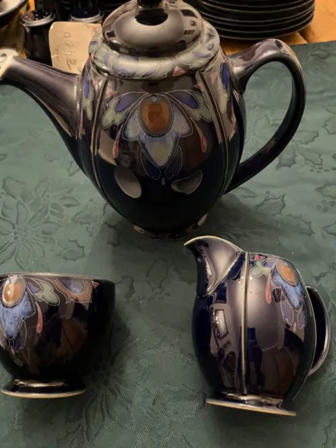 DENBY STONEWARE BAROQUE PATTERN 1960s tea/coffee set jug bowl cups saucers