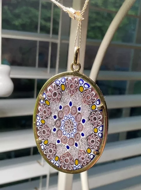 Vintage Millefiori Glass Floral Necklace 14k Yellow Gold Chain  25”