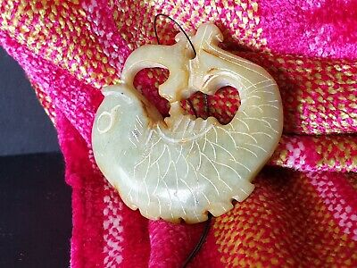 Old Chinese Carved Fish Pendant on Cord in Pale Greenstone Jade …beautiful col
