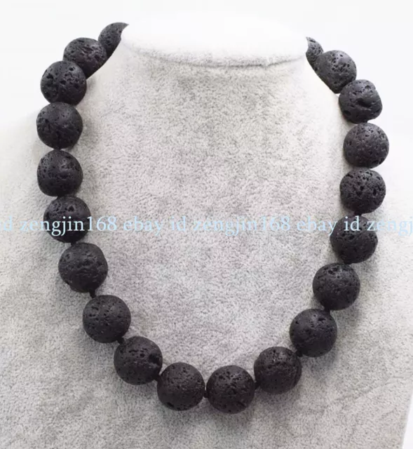 "Enorme Collar de Cuentas de Piedras Preciosas Roca de Lava Volcánica Negro Natural de 14 mm 16-36"