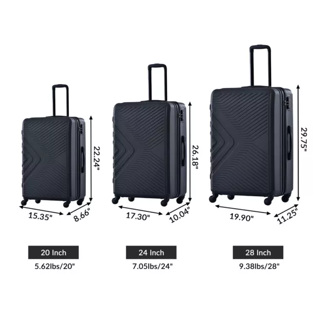 Luggage 3 Piece Set Suitcase Spinner Hardshell Lightweight TSA Lock ABS 20/24/28