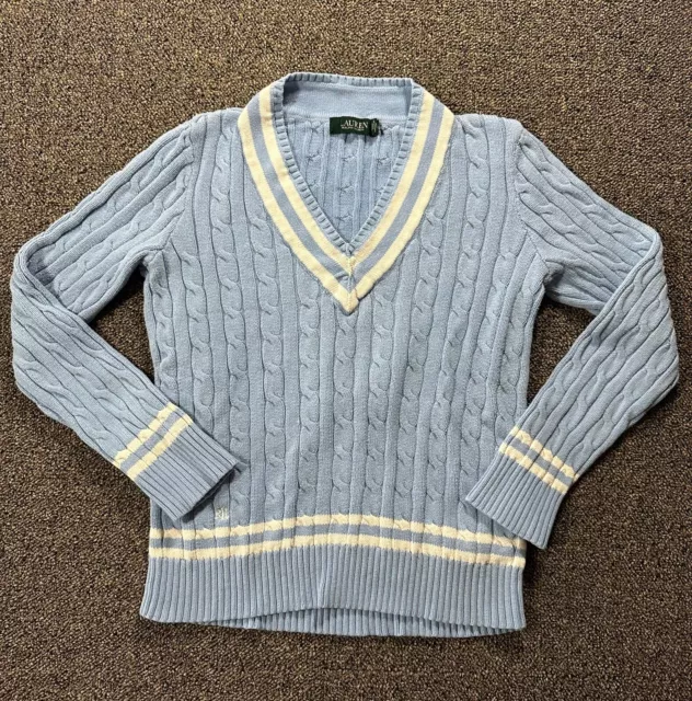 Lauren Ralph Lauren Womens Cable Knit Cricket Sweater Blue Cream Size M (N69)