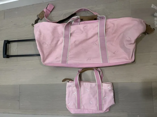 L.L. Bean rare pink embroidered lobster rolling luggage duffel bag plus tote-2pc