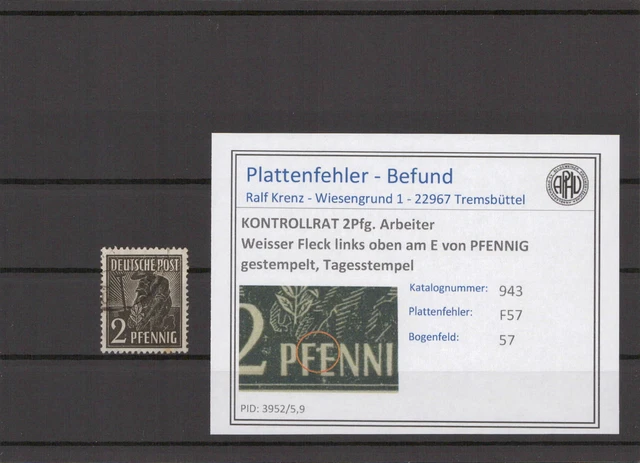 KONTROLLRAT 1947 PLATTENFEHLER Nr 943 F57 gestempelt (214451)