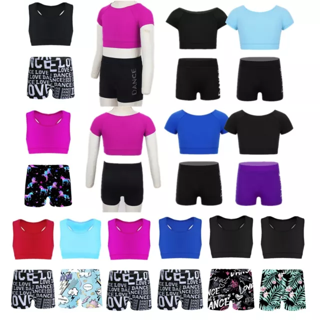 Kids Girls Dance Athletic Outfits Crop Top Shorts Set Sports Gymnastics Workout