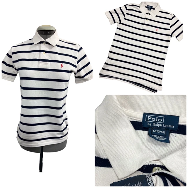 Girls Ralph Lauren Polo Shirt AGE 12/14 White Stripe Cotton Short Sleeve Logo