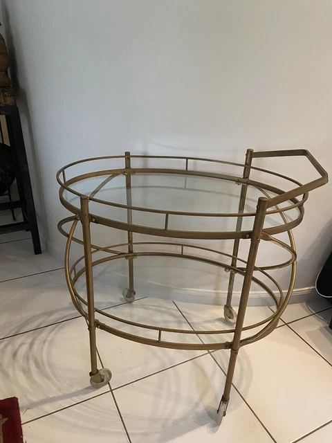Two Tier Brass & Glass Oval Bar Cart Mid Century Modern Serving Trolley Table