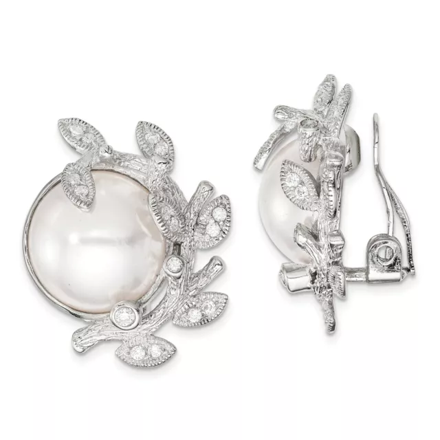 Silver Polished & Textured Fancy Imitation Pearl & CZ Leaf Non Pierced Earrings