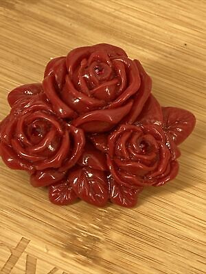 Carved Bakelite Rose Pin Brooch Red Flower Floral!
